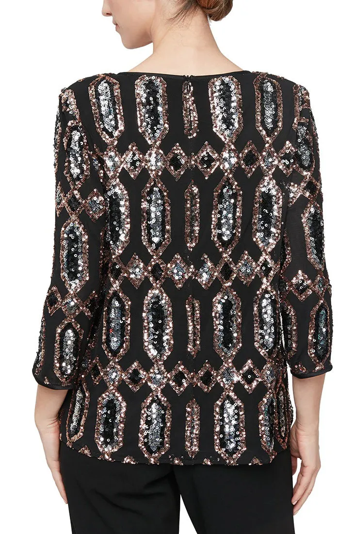 Alex Evenings 3/4 sleeve mock twinset matte jersey top with hook neck closure sequined mesh jacket