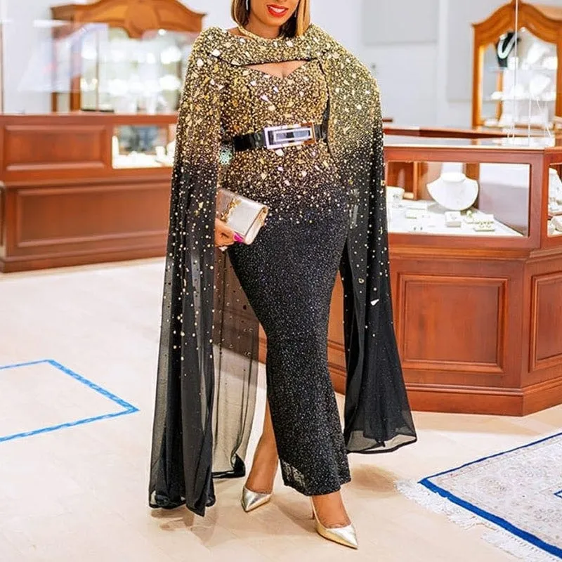 Amozae Elegant Hip-Wrap Gradient Ramp Formal Evening Dresses Women Fashion Sequins Cap Sleeve   Mermaid Cocktail Vestido Party Robe