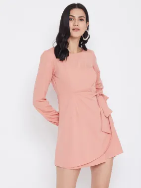 Berrylush Women Solid Pink Tie Front Layered Skater Dress