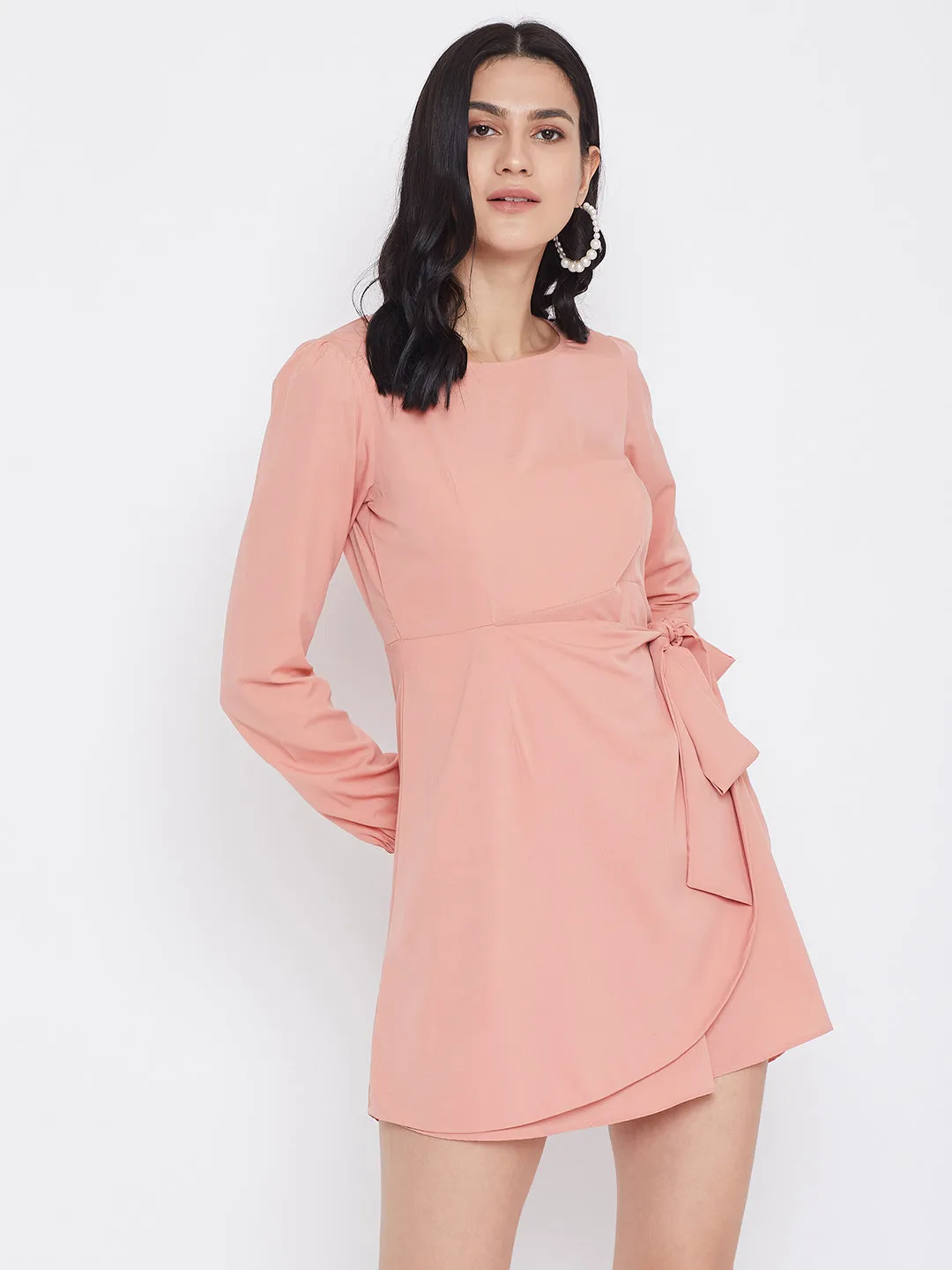 Berrylush Women Solid Pink Tie Front Layered Skater Dress