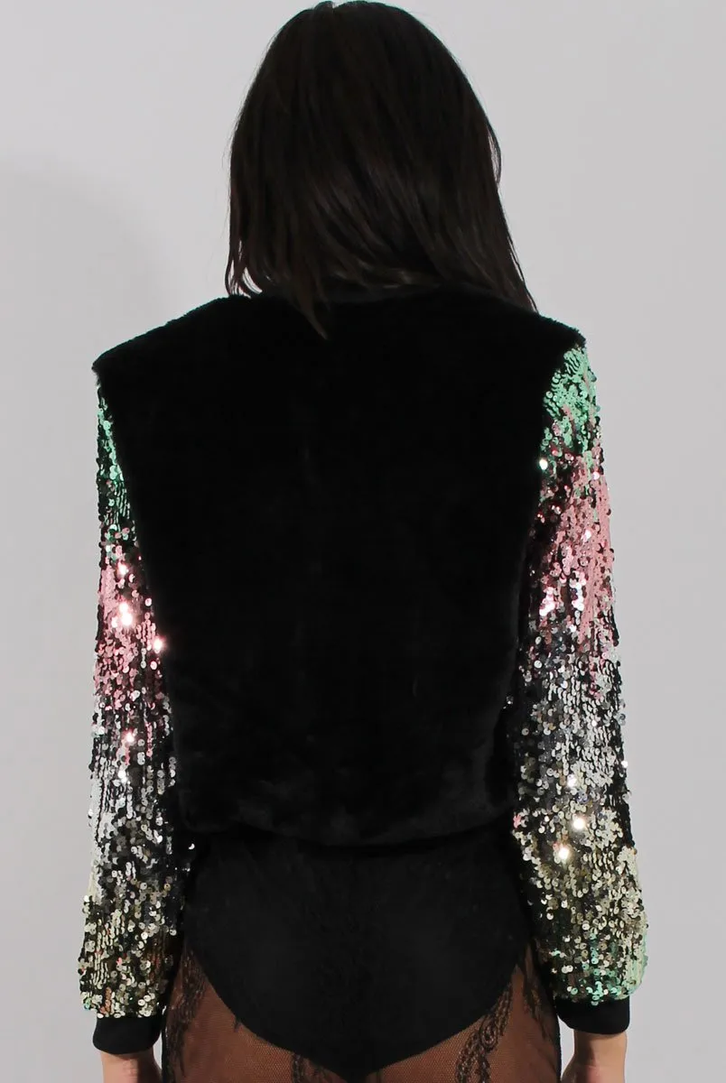 Black Faux Fur Sequined Bomber - Deana