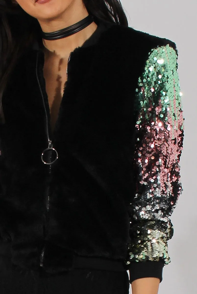 Black Faux Fur Sequined Bomber - Deana