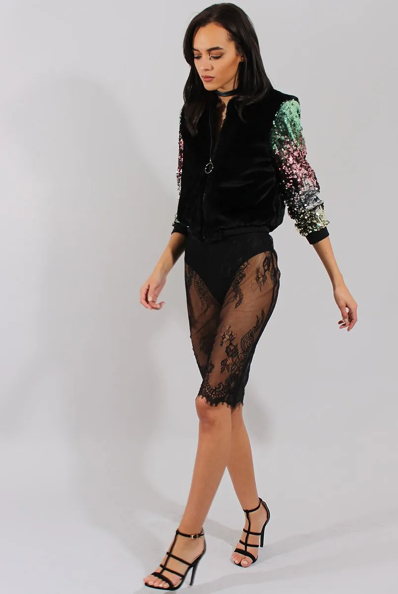 Black Faux Fur Sequined Bomber - Deana