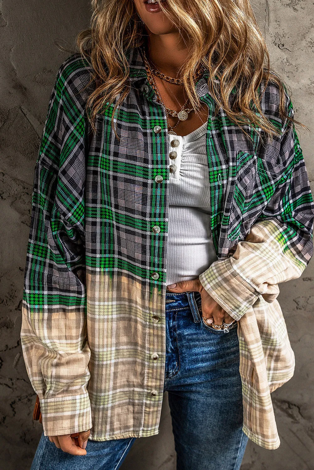 Blackish Green Contrast Checkered Chest Pocket Shacket