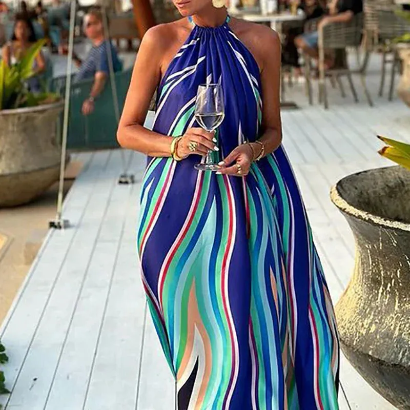 Blue Print Loose Bohemian Women's Halter Hollow Holiday Casual Sleeveless Pleated Beach Party Floral Summer Dress