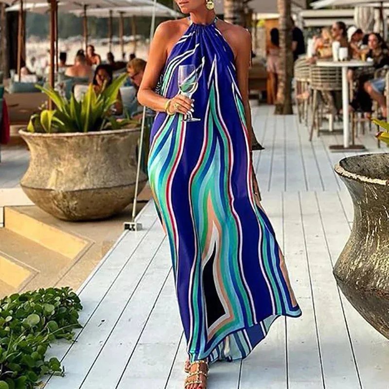 Blue Print Loose Bohemian Women's Halter Hollow Holiday Casual Sleeveless Pleated Beach Party Floral Summer Dress