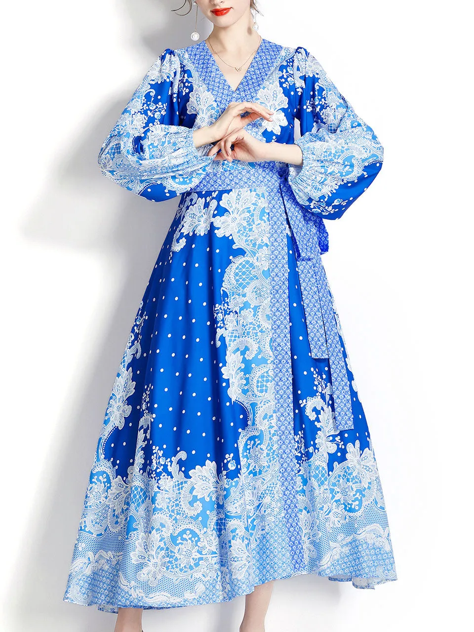 Blue V Neck Wrap Bohemian Dress Maxi Dress