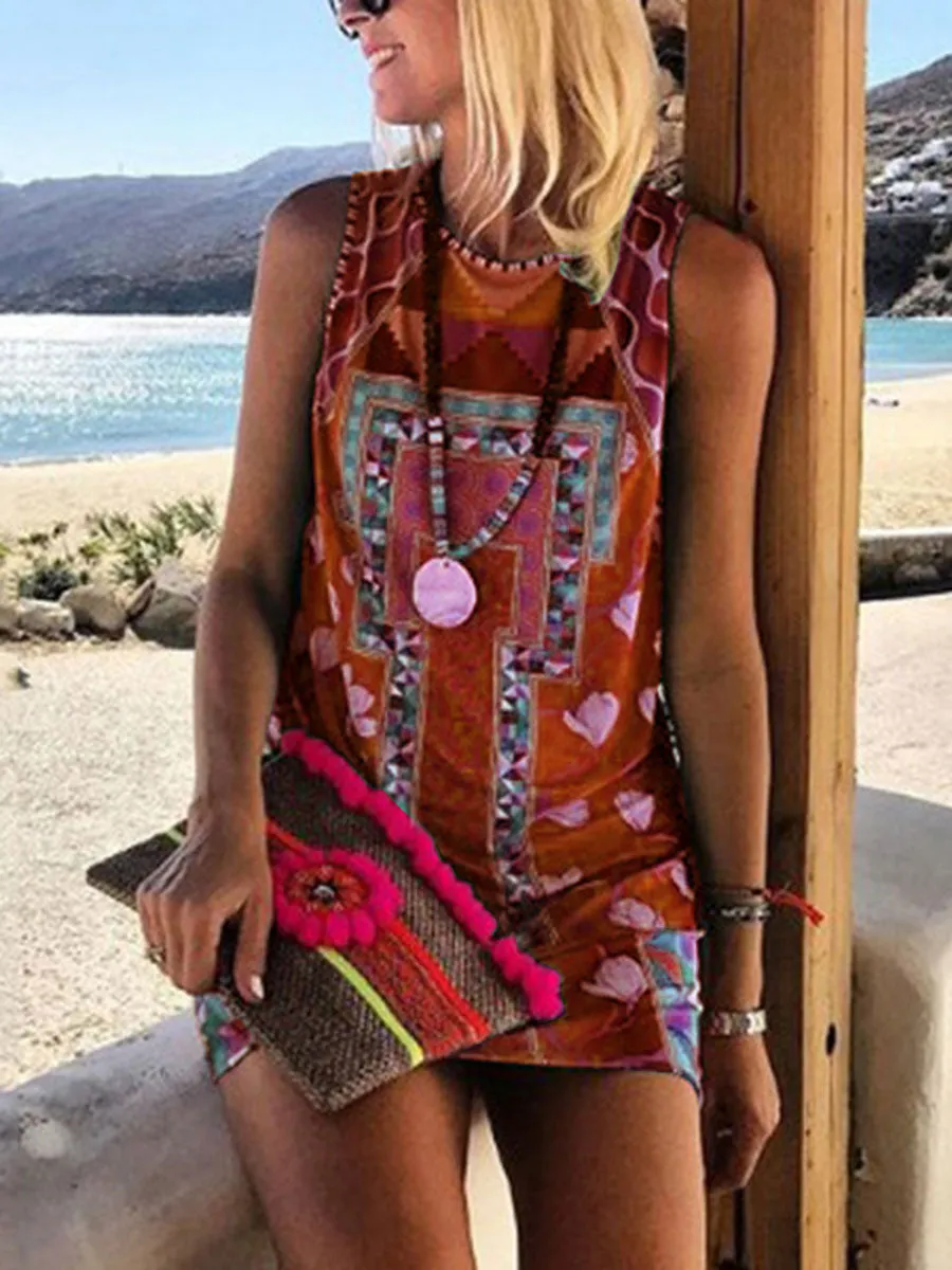 Bohemian Round Neck Printed Color Dress