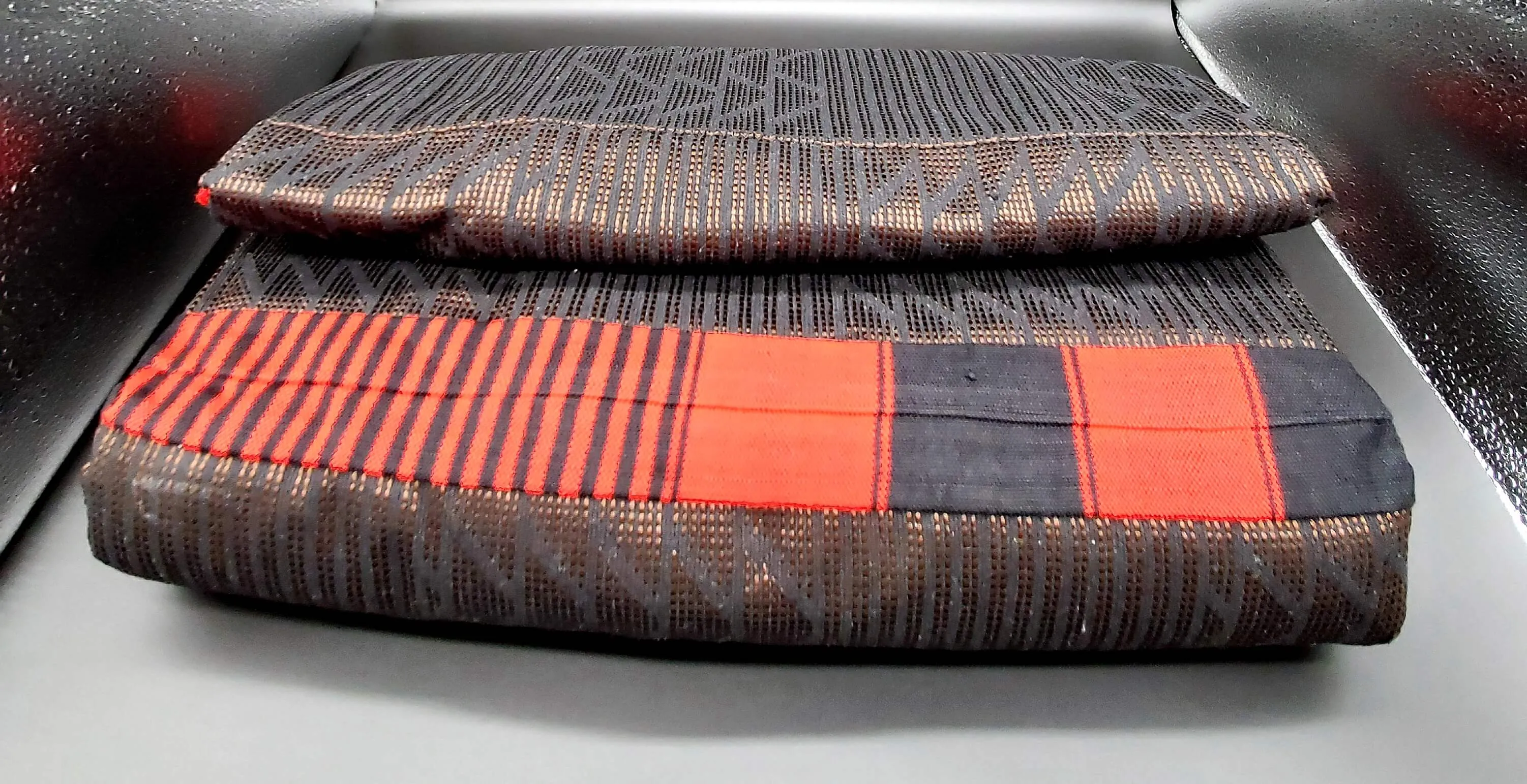 Brown Underlay, Black and Red Embroidered Kente