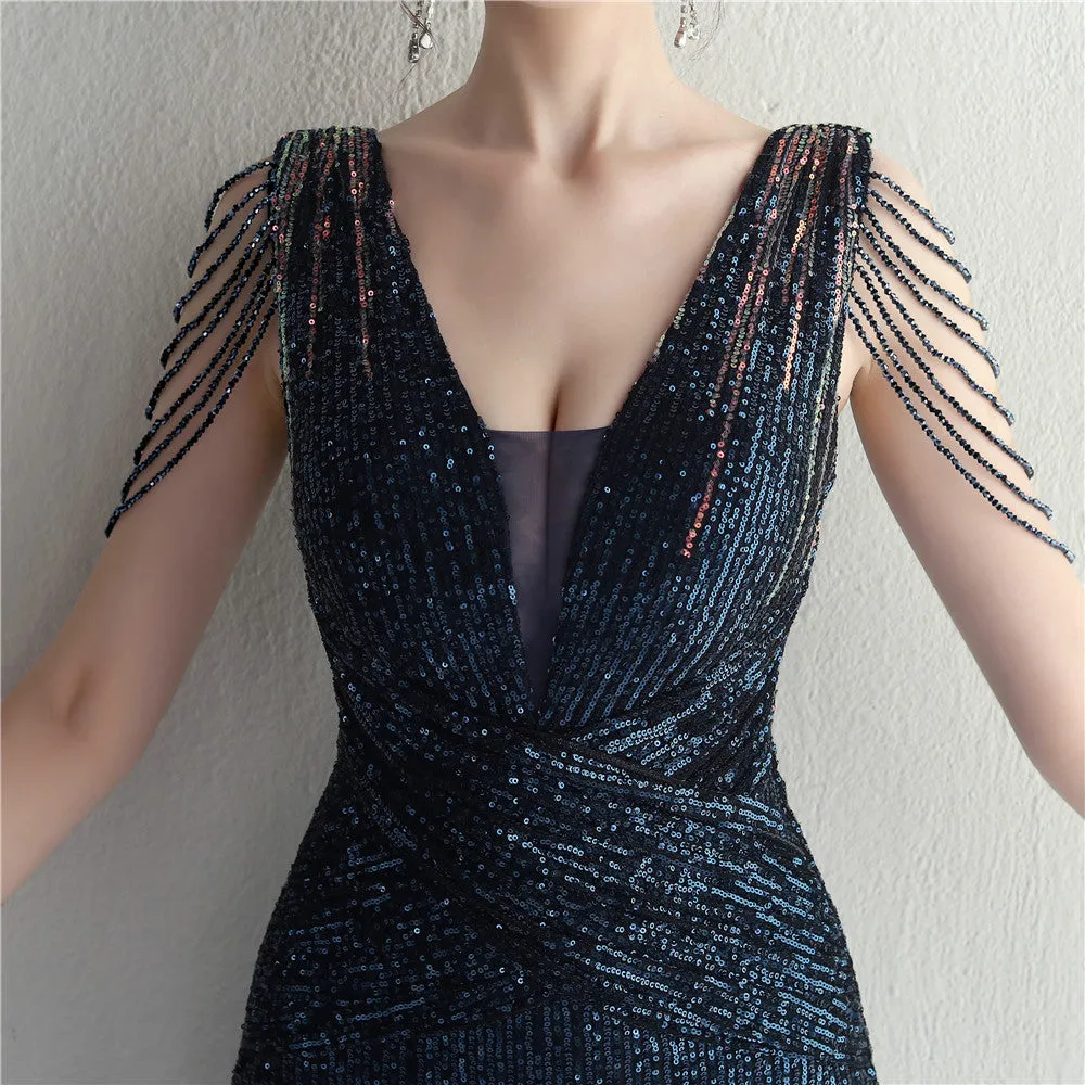 Casey Sequin Tassel Deep V Mermaid Dress