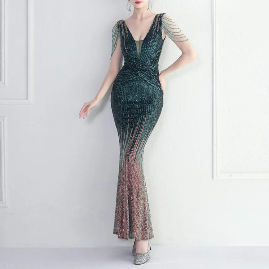 Casey Sequin Tassel Deep V Mermaid Dress