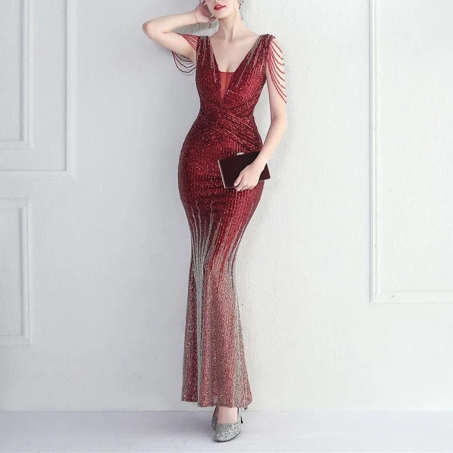 Casey Sequin Tassel Deep V Mermaid Dress