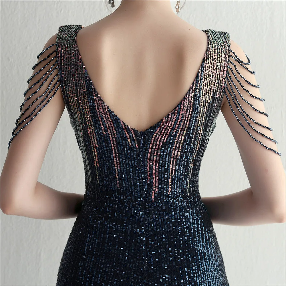 Casey Sequin Tassel Deep V Mermaid Dress
