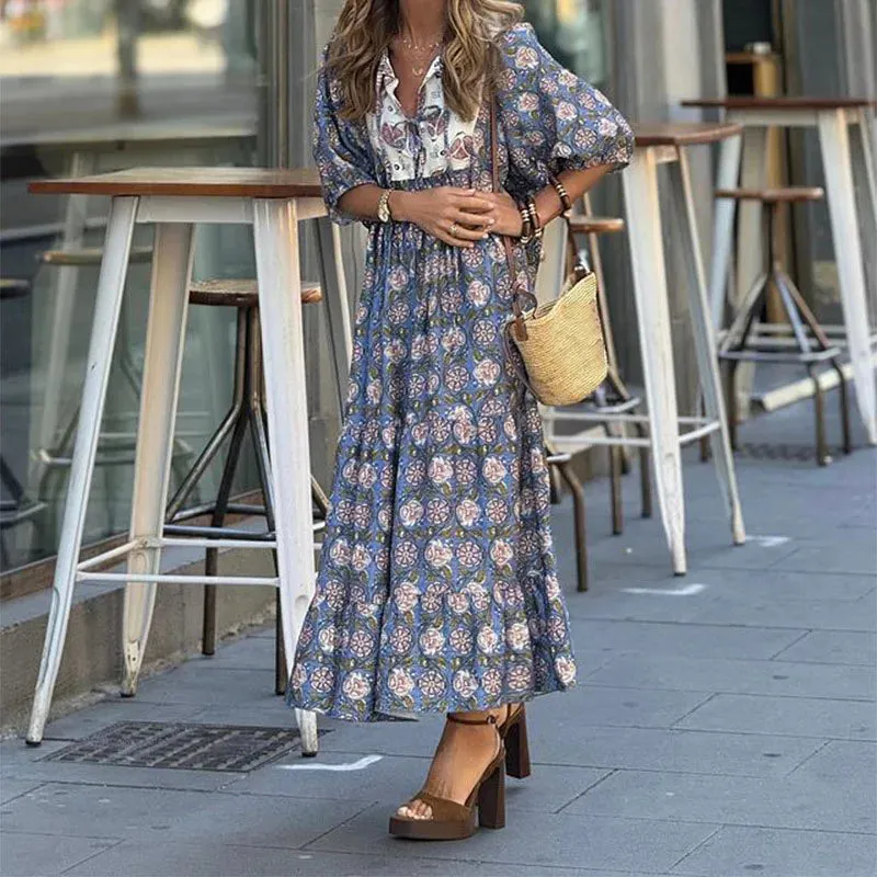 Casual Pleated Long New 2024 V-neck Short Sleeved Loose Elegant Floral Print Tie Up Party Mujer Floral Bohemian Dress