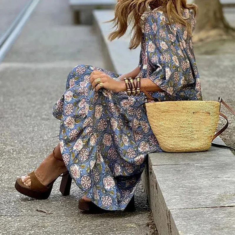 Casual Pleated Long New 2024 V-neck Short Sleeved Loose Elegant Floral Print Tie Up Party Mujer Floral Bohemian Dress