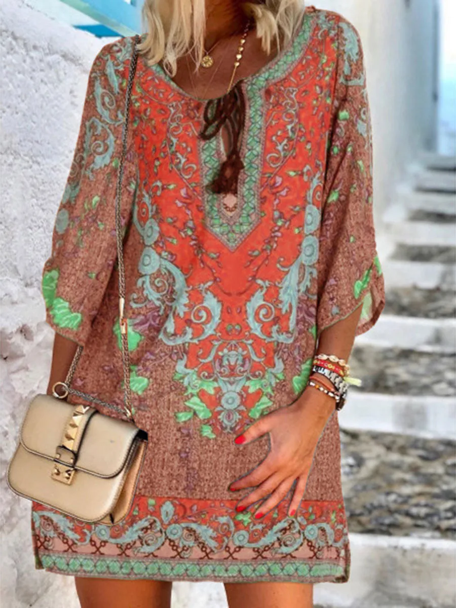 Casual V Neck Bohemian Printed Mini Dress