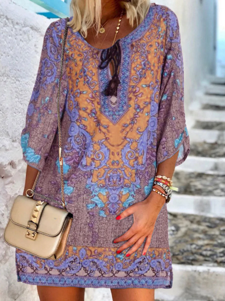 Casual V Neck Bohemian Printed Mini Dress