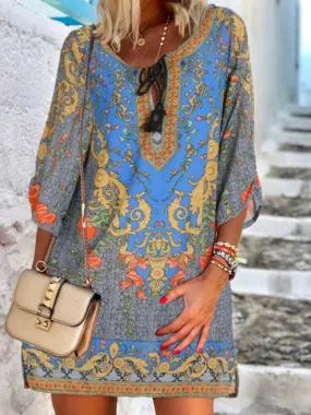 Casual V Neck Bohemian Printed Mini Dress