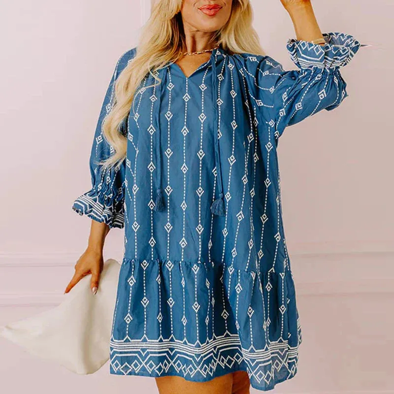 Casual V-neck Pattern Printed Party New Spring Lace Up Loose Short Ruffle Long Sleeve A-line Summer Female Dress