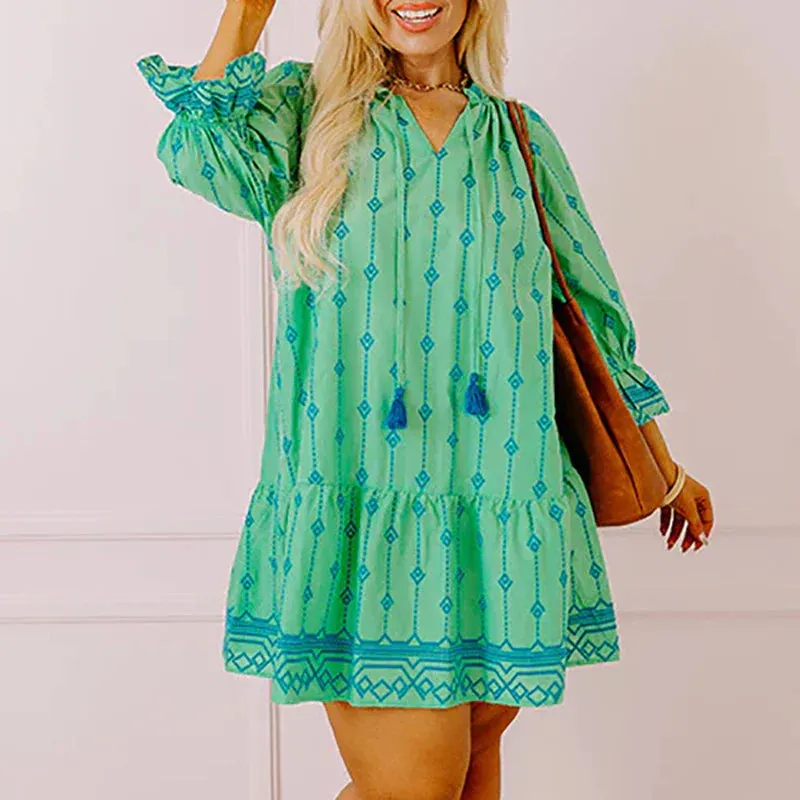 Casual V-neck Pattern Printed Party New Spring Lace Up Loose Short Ruffle Long Sleeve A-line Summer Female Dress