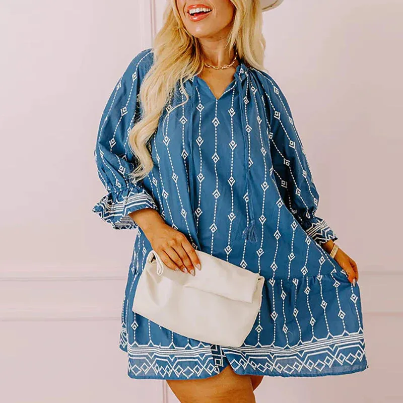 Casual V-neck Pattern Printed Party New Spring Lace Up Loose Short Ruffle Long Sleeve A-line Summer Female Dress