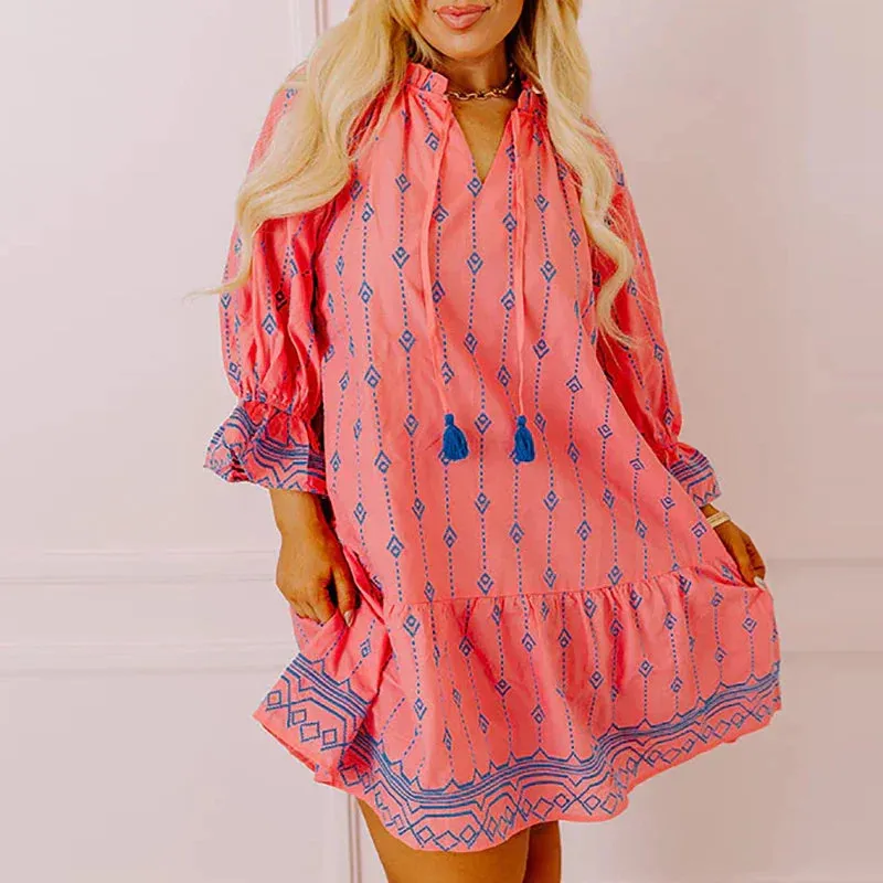 Casual V-neck Pattern Printed Party New Spring Lace Up Loose Short Ruffle Long Sleeve A-line Summer Female Dress