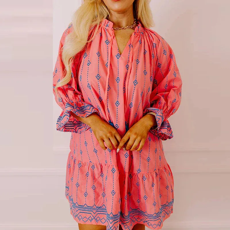 Casual V-neck Pattern Printed Party New Spring Lace Up Loose Short Ruffle Long Sleeve A-line Summer Female Dress