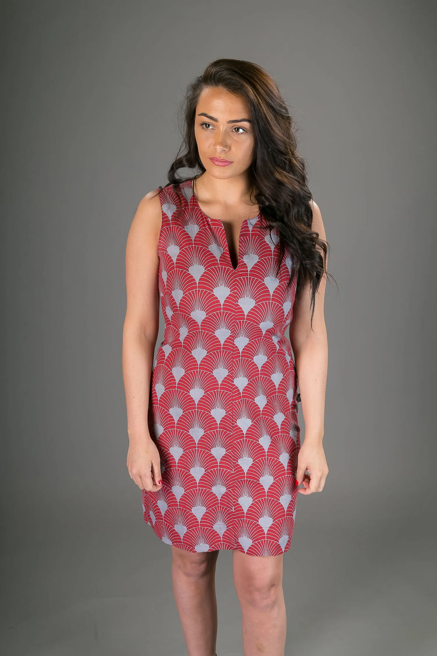 Classic Sheath Cotton Dress Red Grey Geometric Print