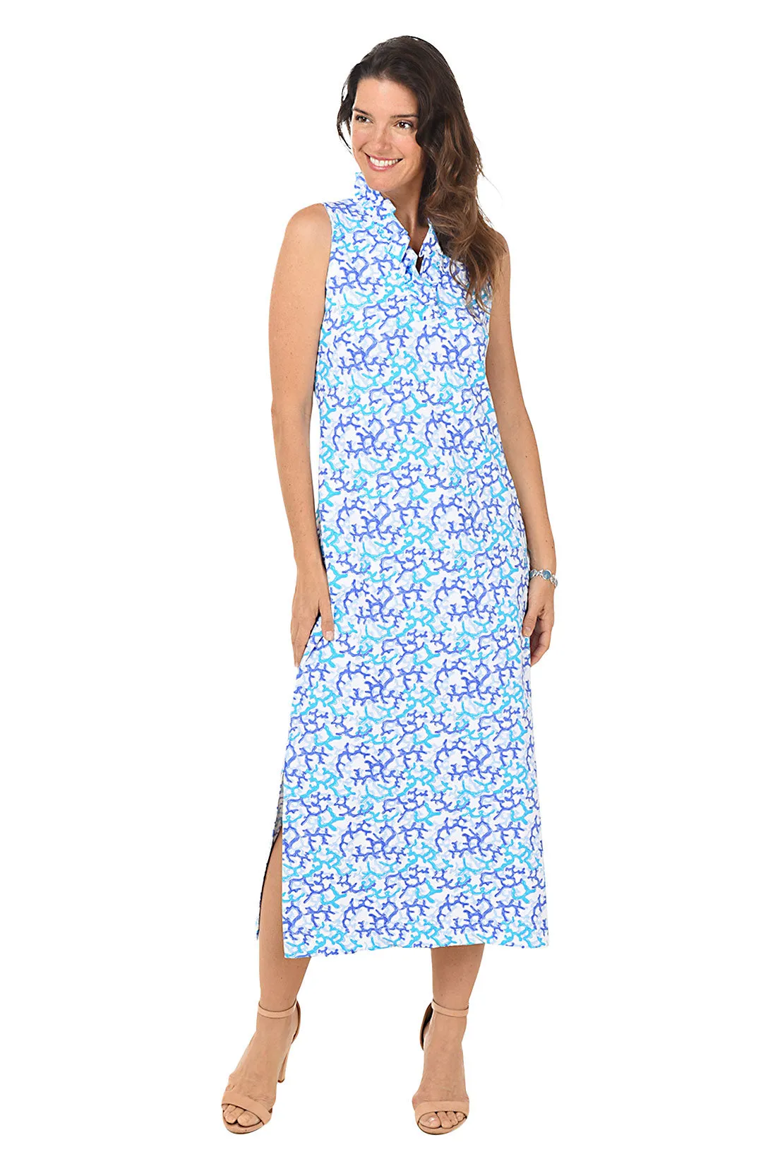Coral UPF50  Ruffle Neck Sleeveless Maxi Dress