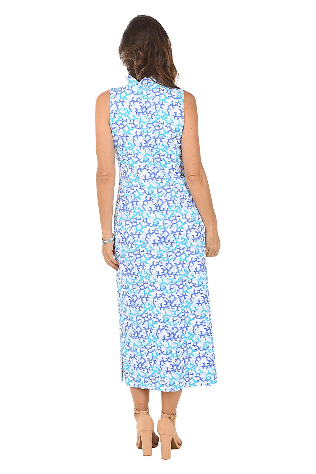 Coral UPF50  Ruffle Neck Sleeveless Maxi Dress
