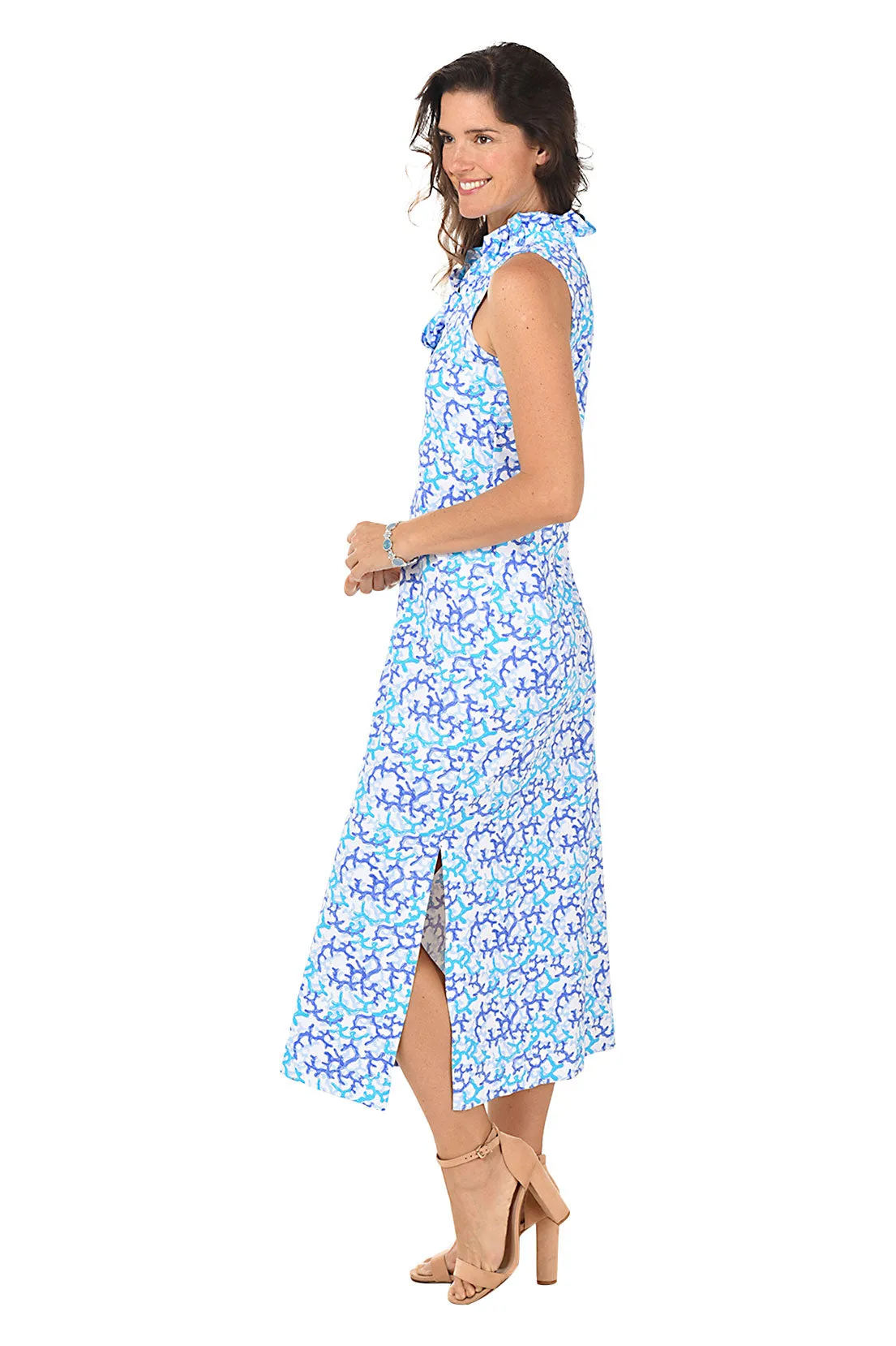 Coral UPF50  Ruffle Neck Sleeveless Maxi Dress