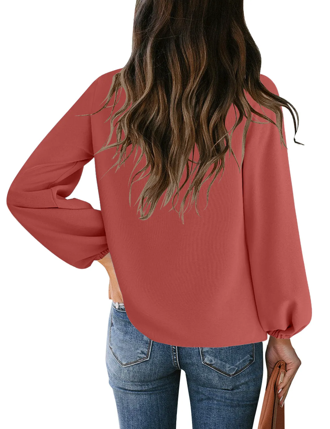 Dark Coral V-Neckline Bishop Sleeves Loose Fit Women's Top