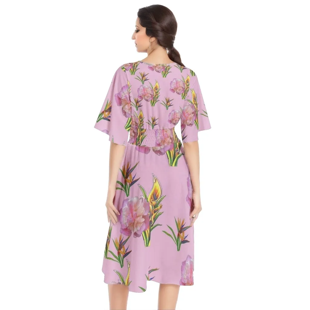 Delightful Pink Butterfly Sleeve Shirred High Waist A Line Midi Dress