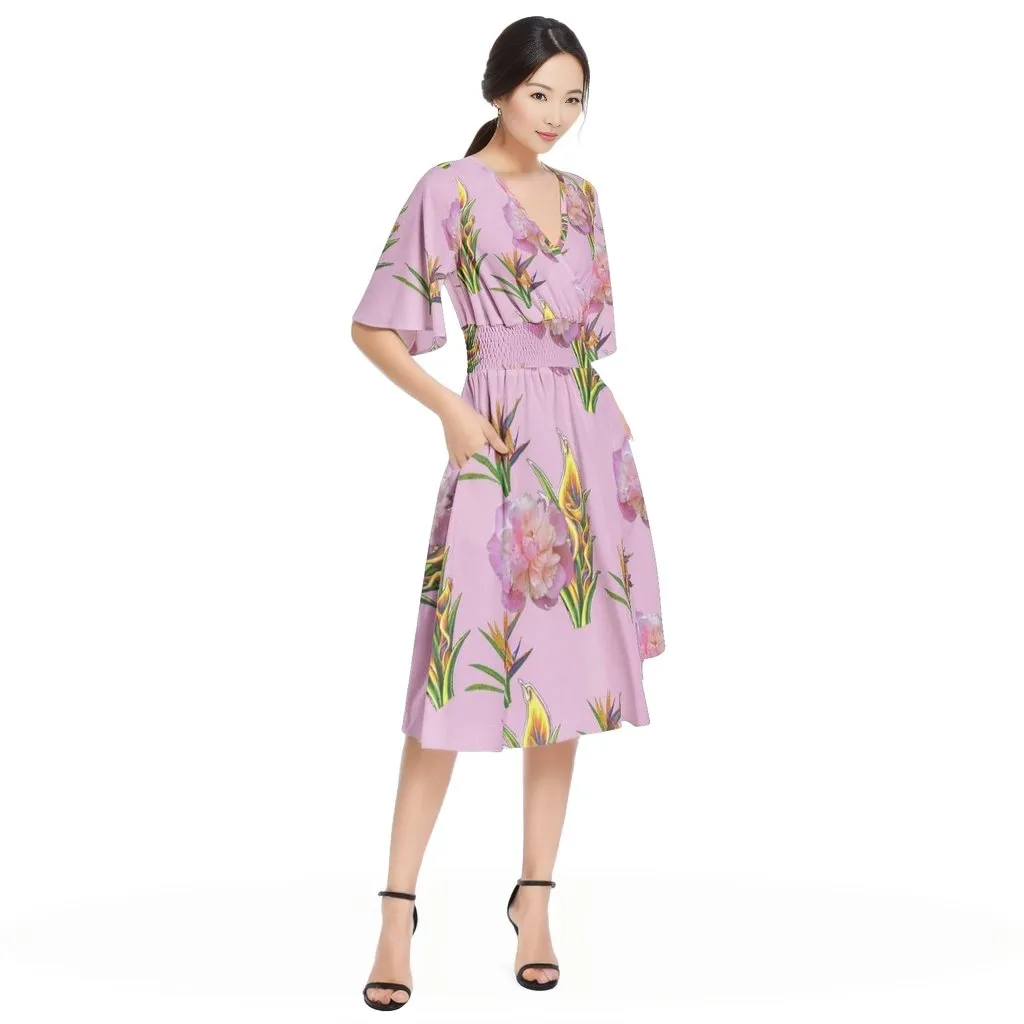 Delightful Pink Butterfly Sleeve Shirred High Waist A Line Midi Dress