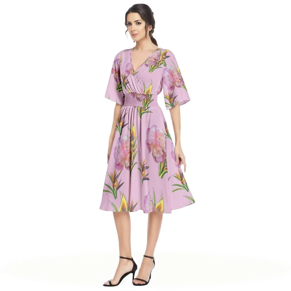 Delightful Pink Butterfly Sleeve Shirred High Waist A Line Midi Dress