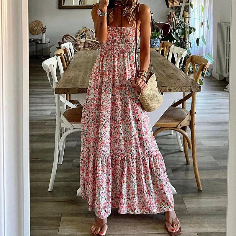 Floral Print Pleats Women's Sexy Slash Neck Strap Long Fashion Summer Sleeveless High Waist Beach Floral Bohemian Dress