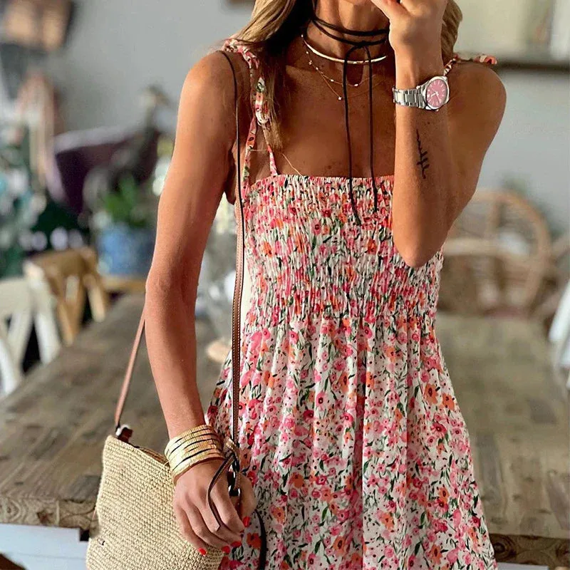 Floral Print Pleats Women's Sexy Slash Neck Strap Long Fashion Summer Sleeveless High Waist Beach Floral Bohemian Dress