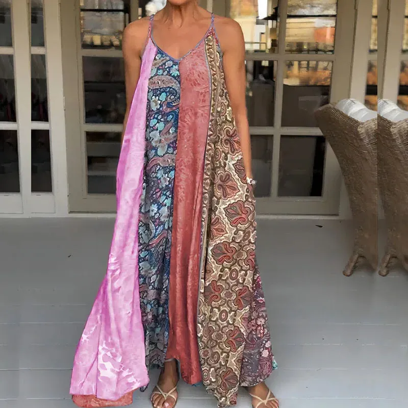 Floral Print Pocket Spaghetti Strap Fashion Lady V Neck Patchwork Long Casual Loose Sleeveless Summer Floral Bohemian Dress