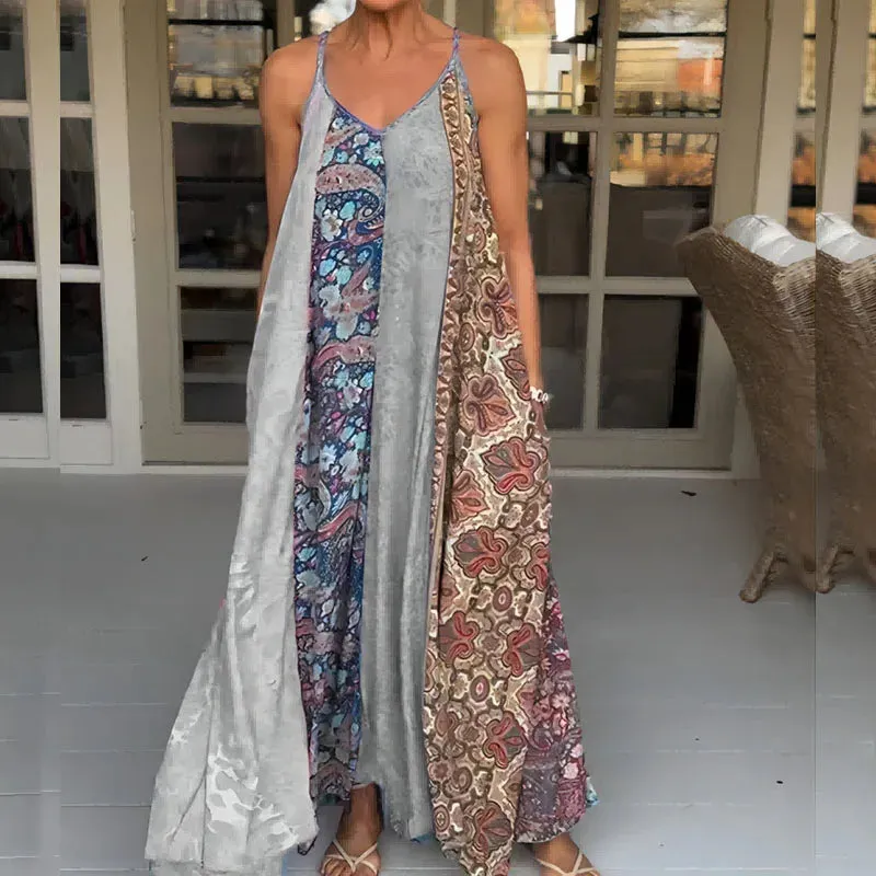 Floral Print Pocket Spaghetti Strap Fashion Lady V Neck Patchwork Long Casual Loose Sleeveless Summer Floral Bohemian Dress