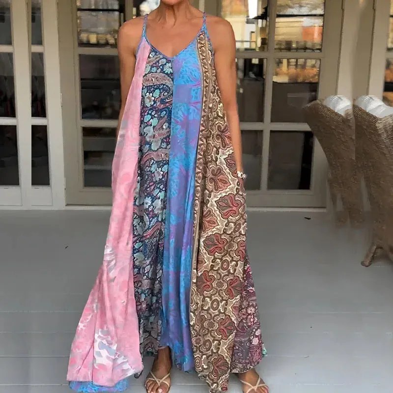 Floral Print Pocket Spaghetti Strap Fashion Lady V Neck Patchwork Long Casual Loose Sleeveless Summer Floral Bohemian Dress