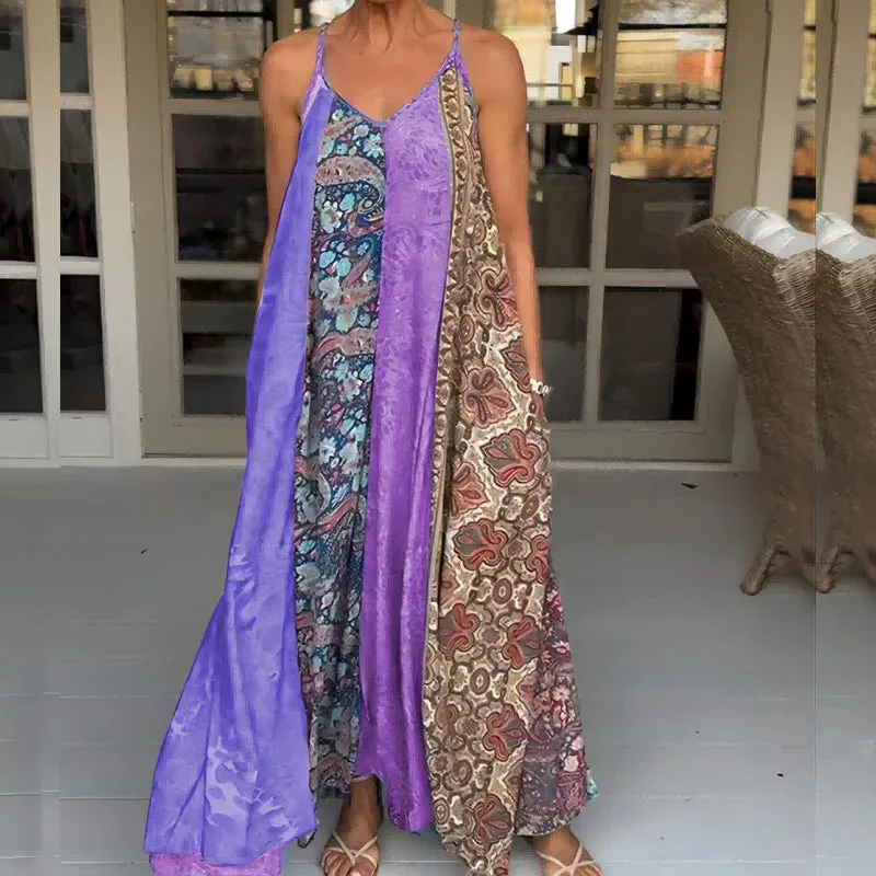 Floral Print Pocket Spaghetti Strap Fashion Lady V Neck Patchwork Long Casual Loose Sleeveless Summer Floral Bohemian Dress