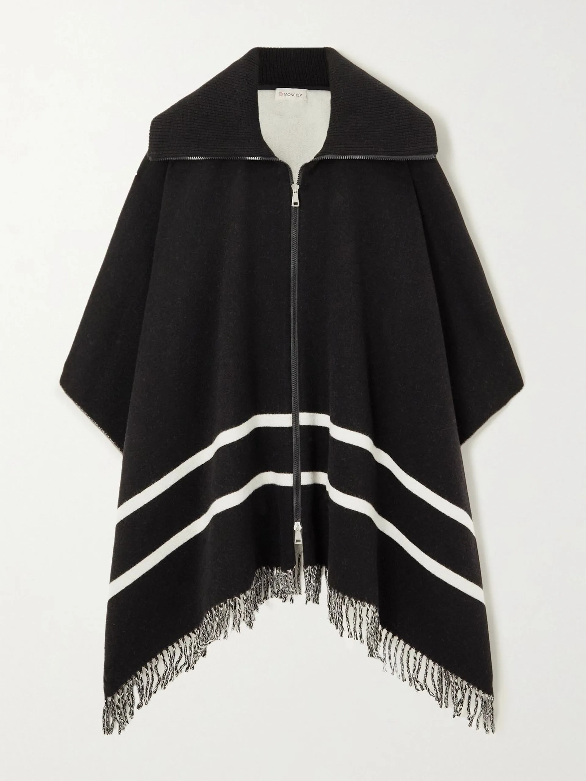 Fringed striped wool-blend jacquard poncho