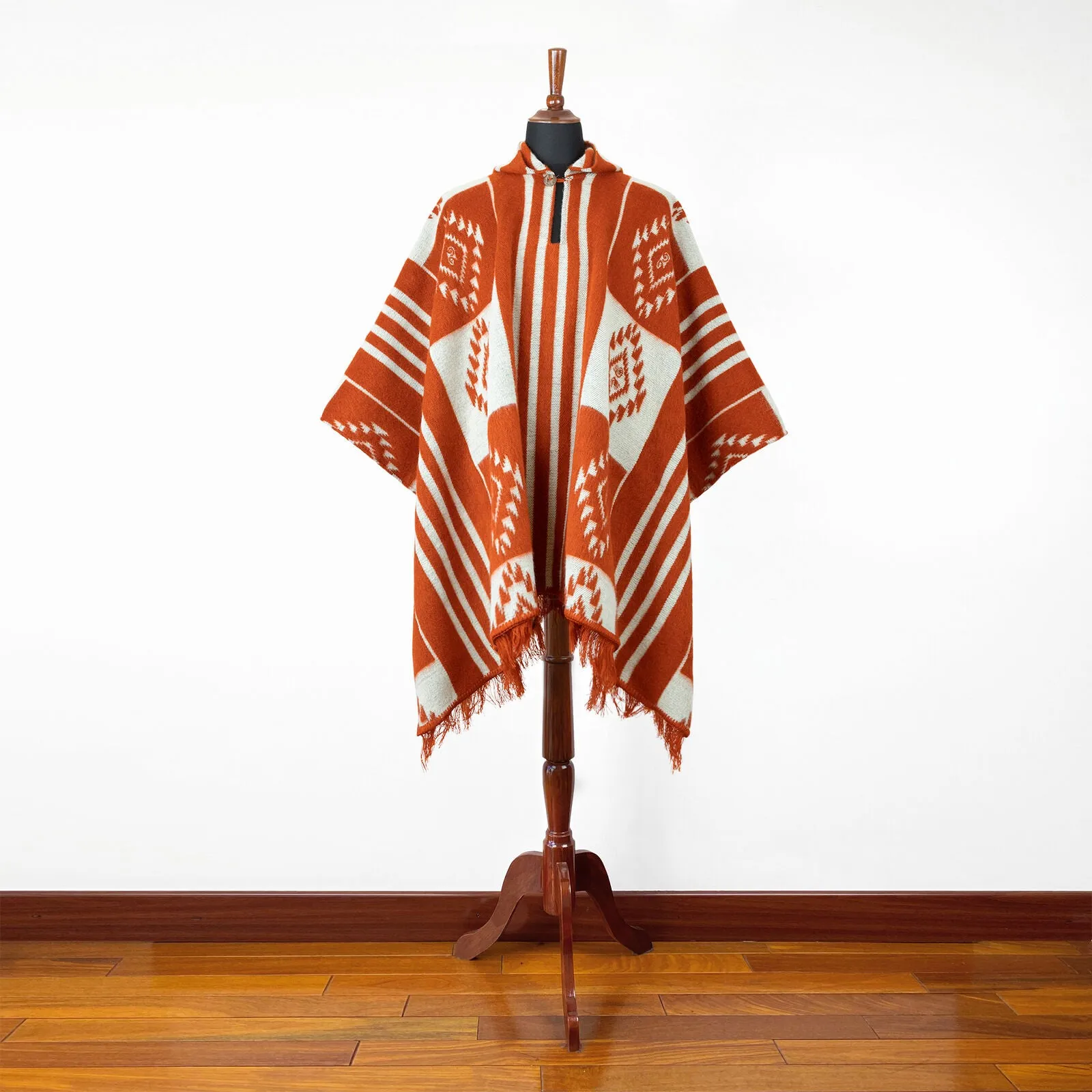 Huicundos - Baby Alpaca wool Unisex Hooded Poncho Pullover S-XXL - brick/orange - Aztec pattern