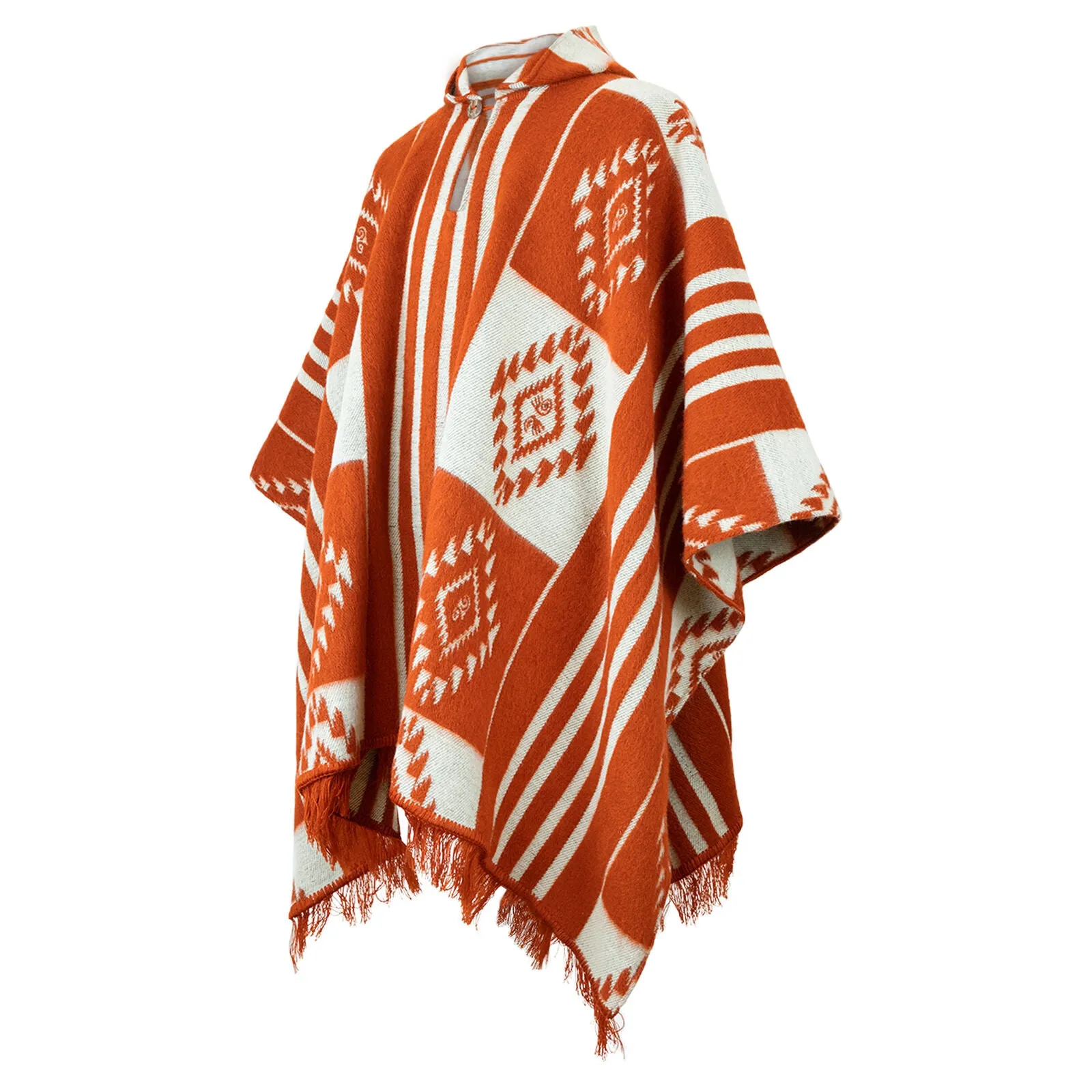 Huicundos - Baby Alpaca wool Unisex Hooded Poncho Pullover S-XXL - brick/orange - Aztec pattern