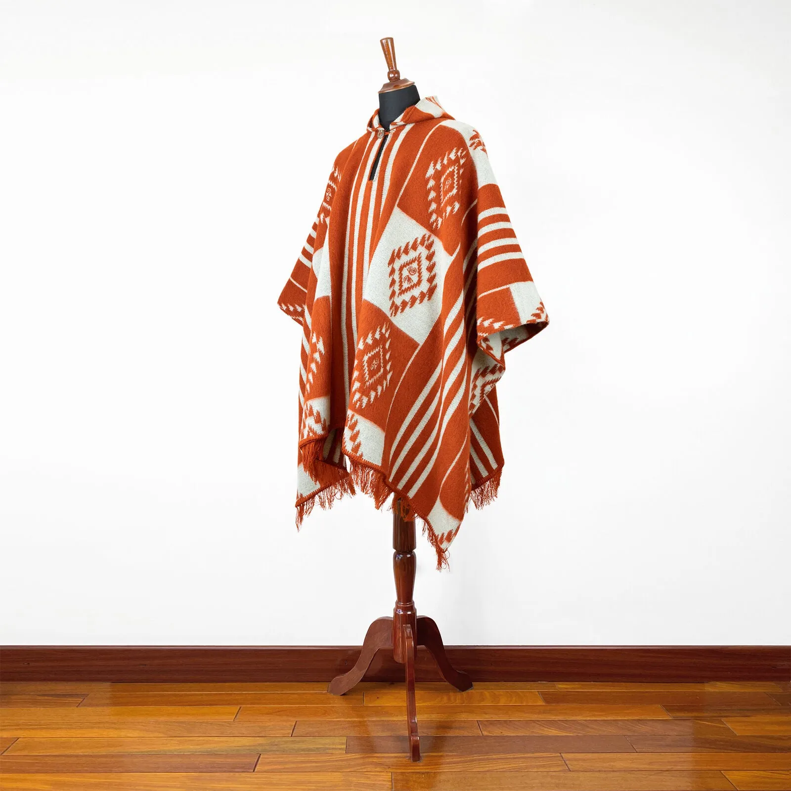 Huicundos - Baby Alpaca wool Unisex Hooded Poncho Pullover S-XXL - brick/orange - Aztec pattern