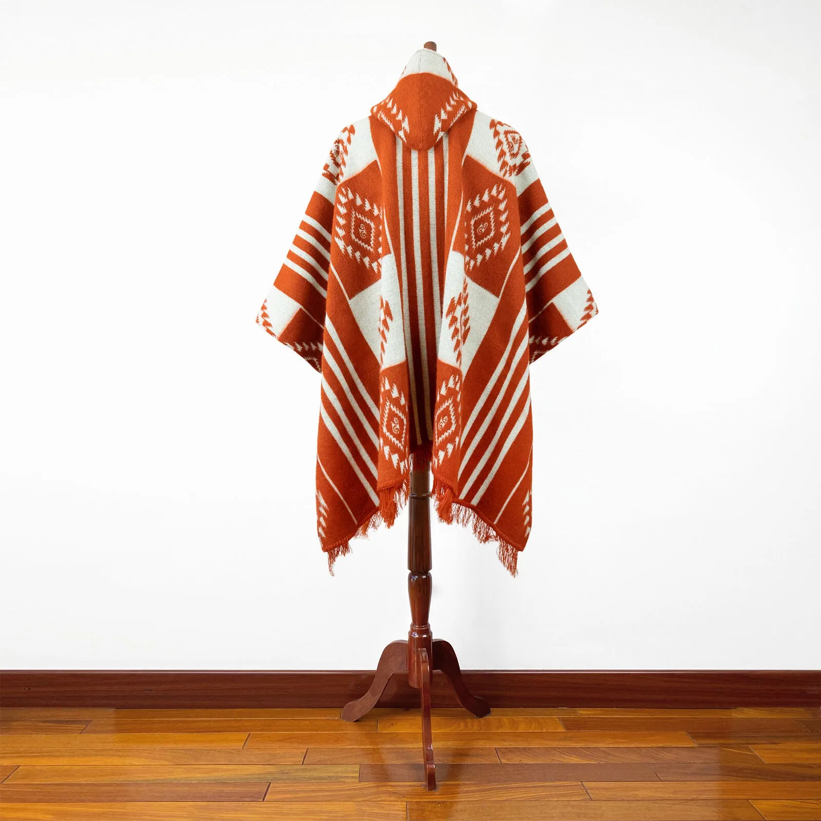 Huicundos - Baby Alpaca wool Unisex Hooded Poncho Pullover S-XXL - brick/orange - Aztec pattern