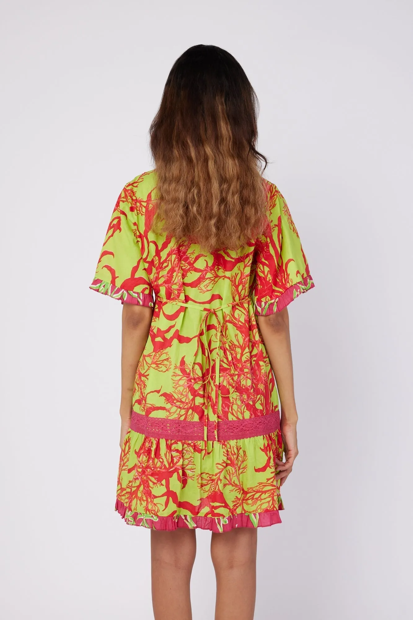 Ilaria Short Sleeve Drop Waist Hand Embroidered Knee Length Dress with Lace Trim in Red and Green Coral