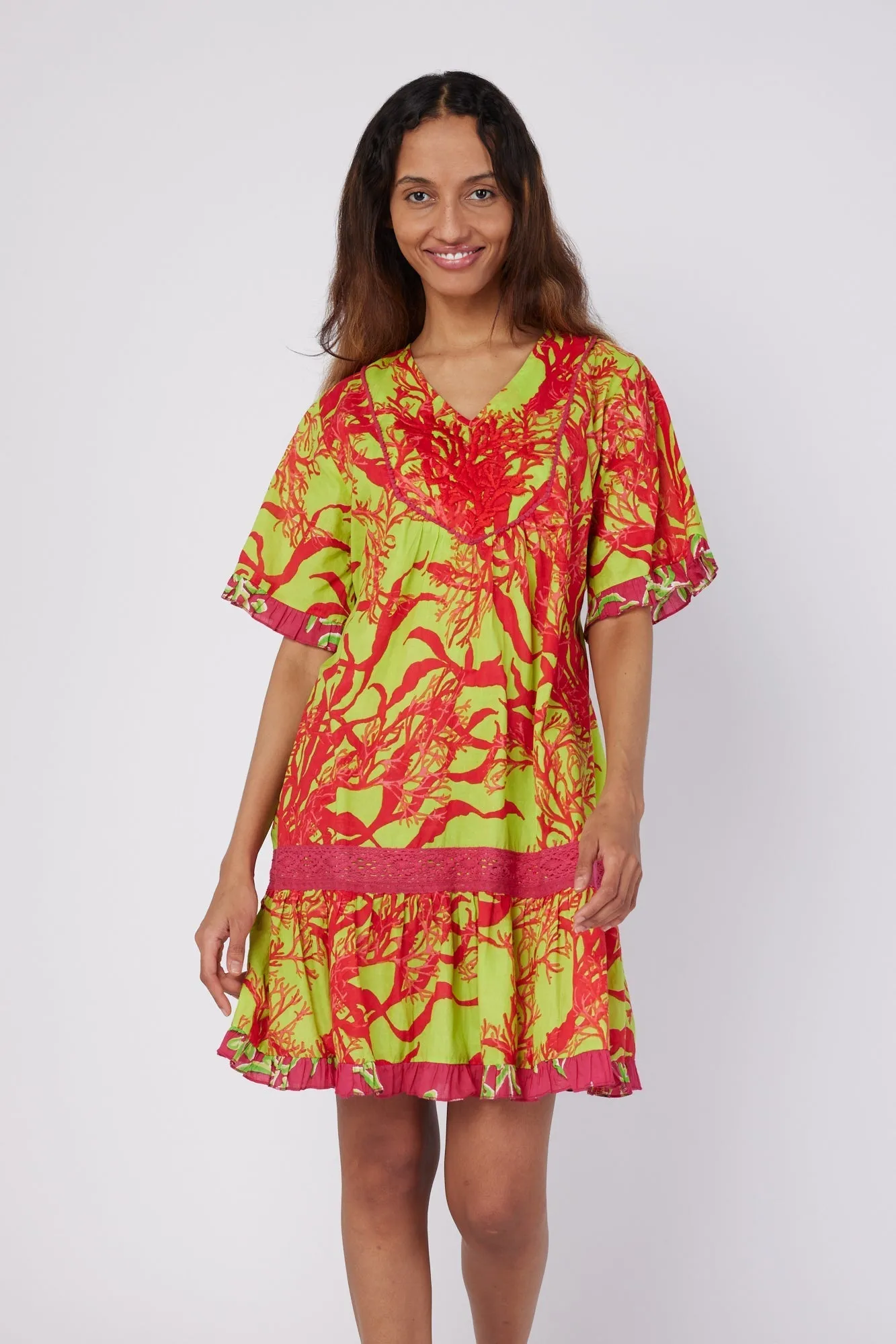 Ilaria Short Sleeve Drop Waist Hand Embroidered Knee Length Dress with Lace Trim in Red and Green Coral