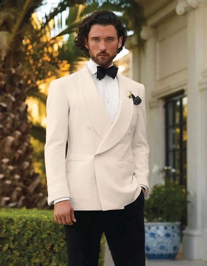 Ivory Groom Tuxedos Excellent Double-Breasted Groomsmen Wedding Tuxedos Men Formal Dinner Party Prom Blazer Suit(Jacket Pants Tie) 1103