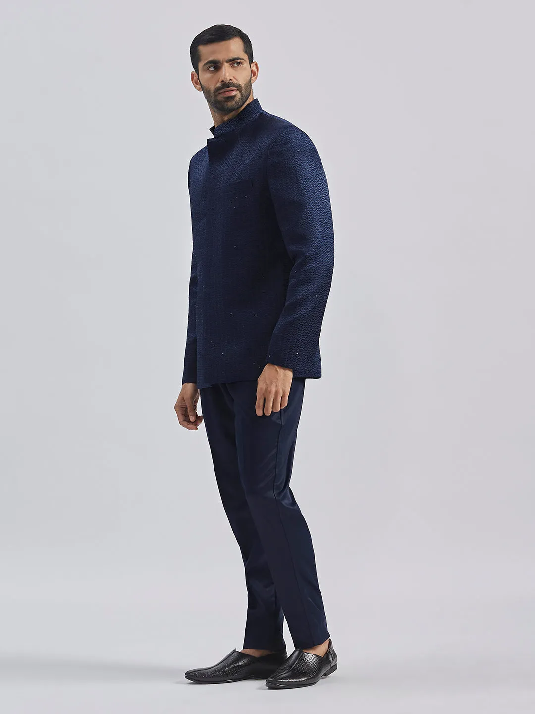 Jashvi Men's Navy Blue Silk Blend Jodhpuri,Pyjama Set